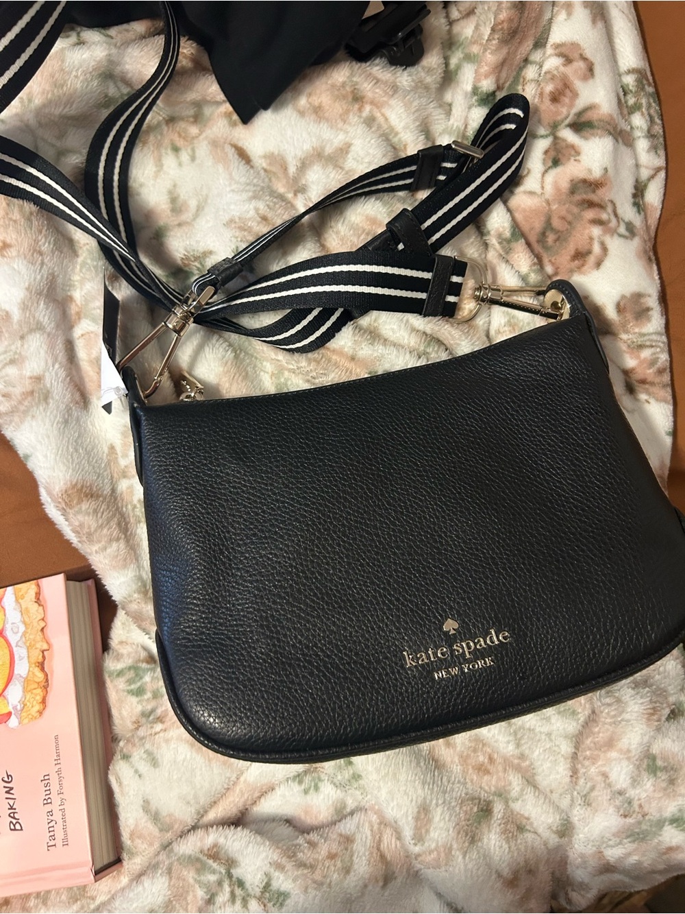 kate spade Black Pebbled Leather Crossbody with Striped Strap
